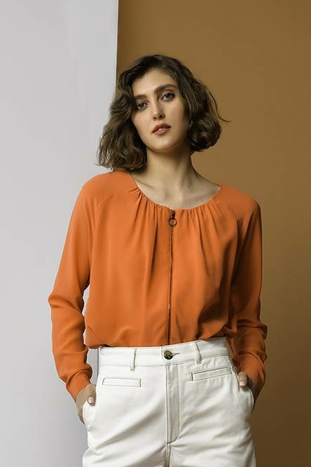 ROBERTO COLLINA Бомбер из мокрого шёлка в оттенке коралл