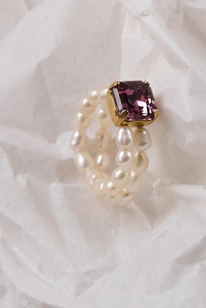 MODERN PEARLS Кольцо двойное из речного жемчуга с кристаллом Swarovski  оттенка  аметиста