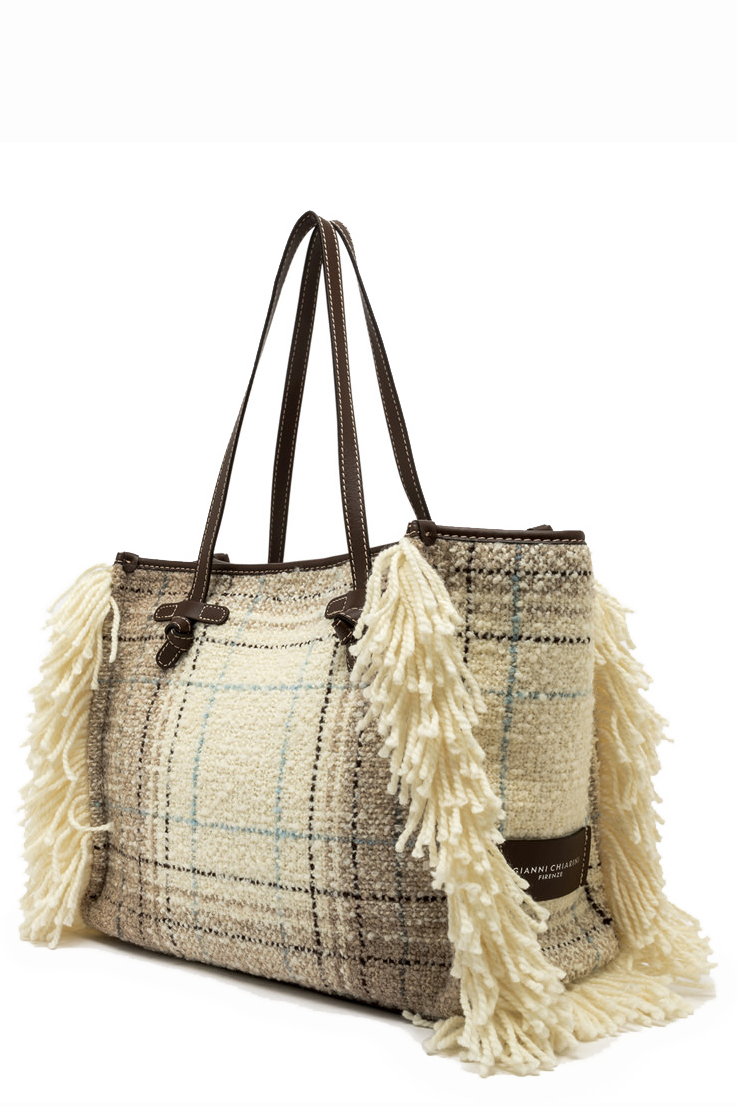 GIANNI CHIARINI  Сумка-тоут MARCELLA  hug из шерсти букле с рисунком в клетку и бахромой