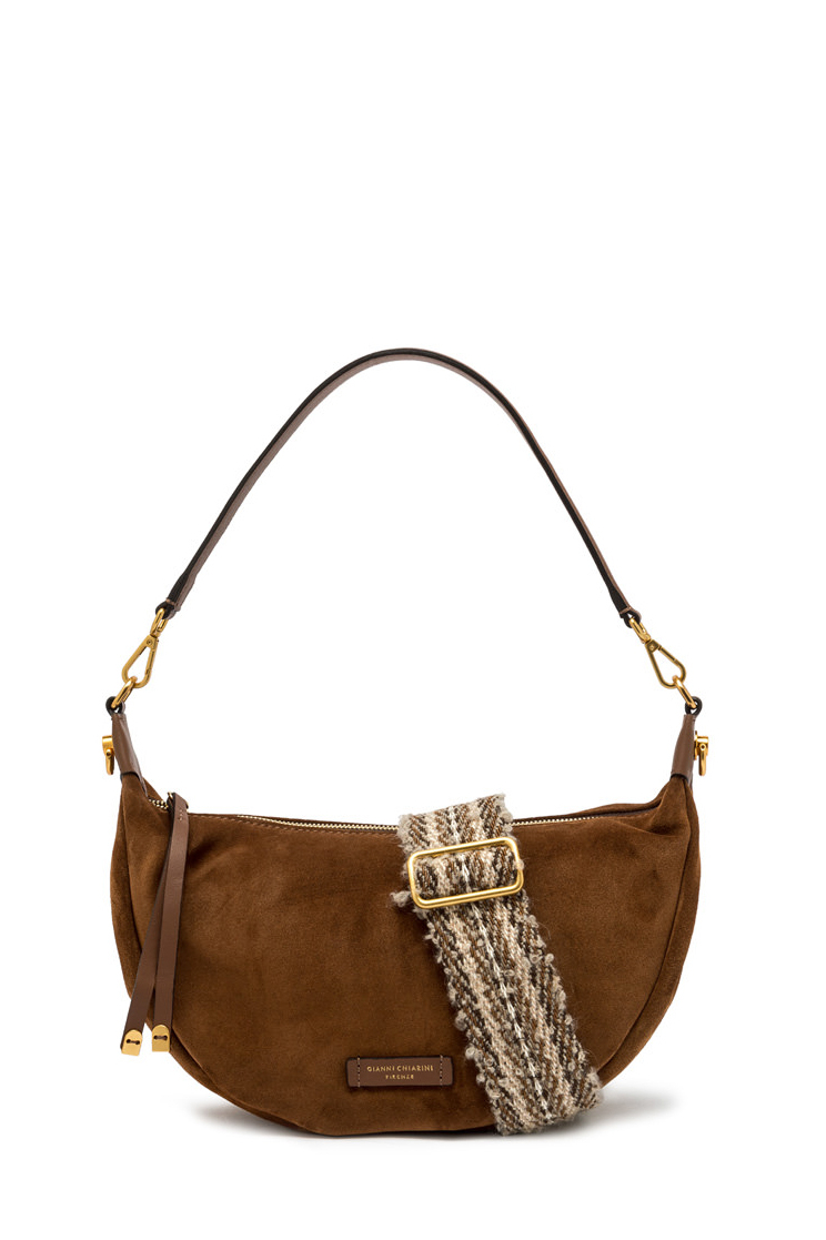 GIANNI CHIARINI Сумка-хобо AISHA из шелковистой замши оттенка коньяка с жаккардовым ремнем