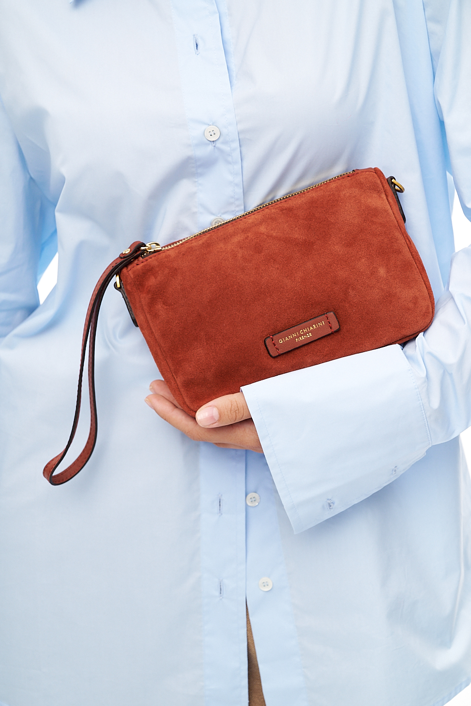 GIANNI CHIARINI Пауч NORA из бархатистой замши оттенка красного кирпича