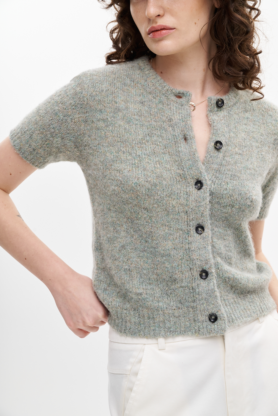 Roberto Collina Кардиган с коротким рукавом из бленда шерсти альпака с хлопком оттенка аквамарин