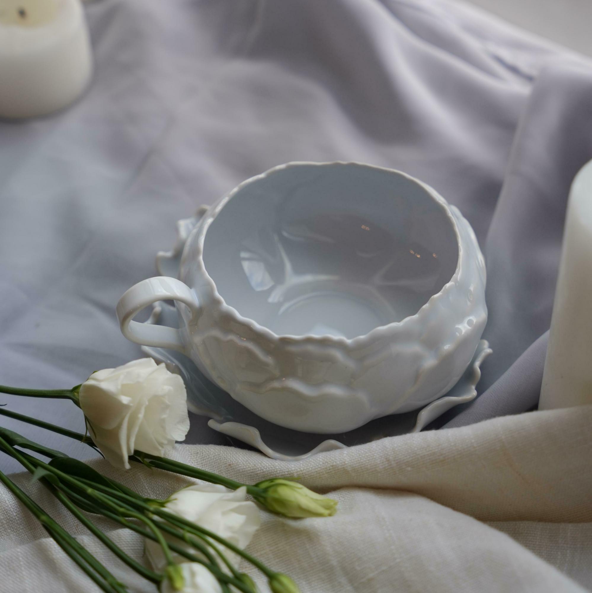 Чашка с блюдцем Пион серо-голубая