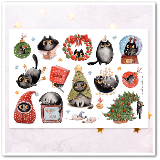 Наклейки "Ёлка, кот и Новый год"