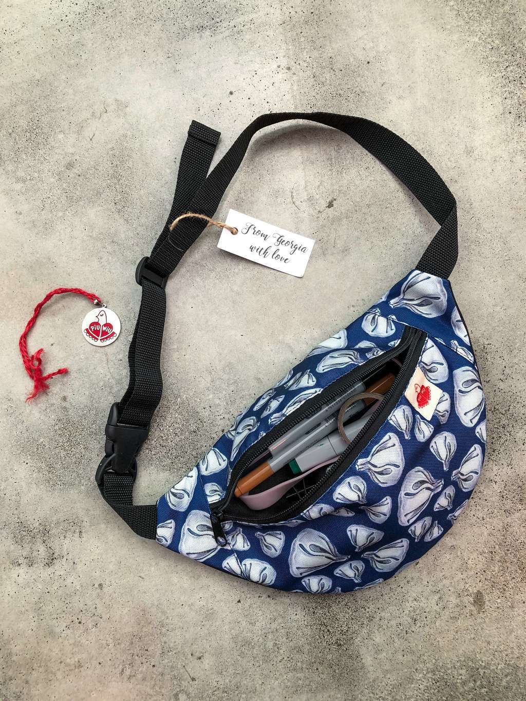 Сумка на пояс (синяя, с хинкали)/ Beltbag (dark blue, with khinkali pattern)