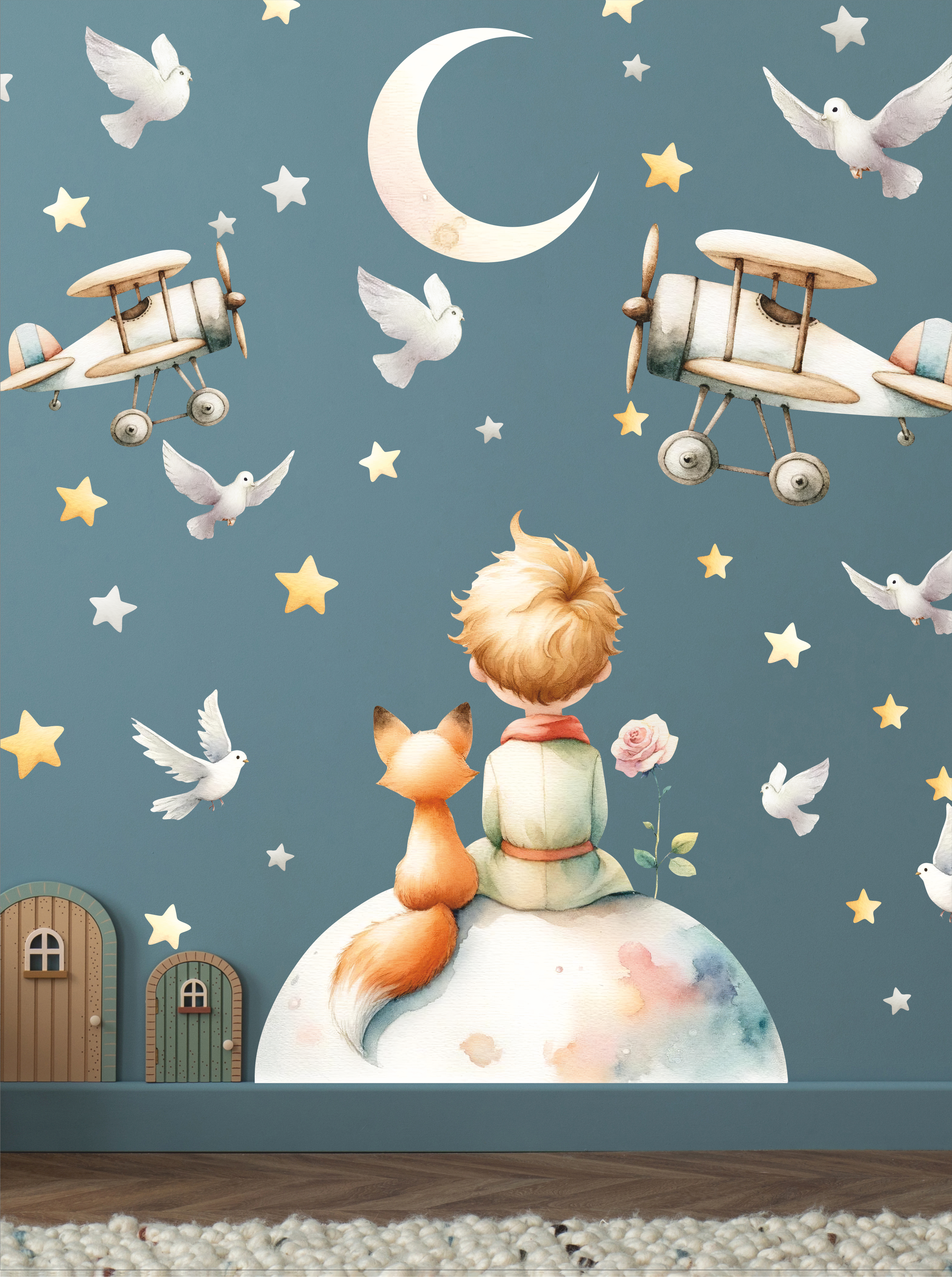 Наклейки на стену "Маленький принц" сет 1 с самолетами