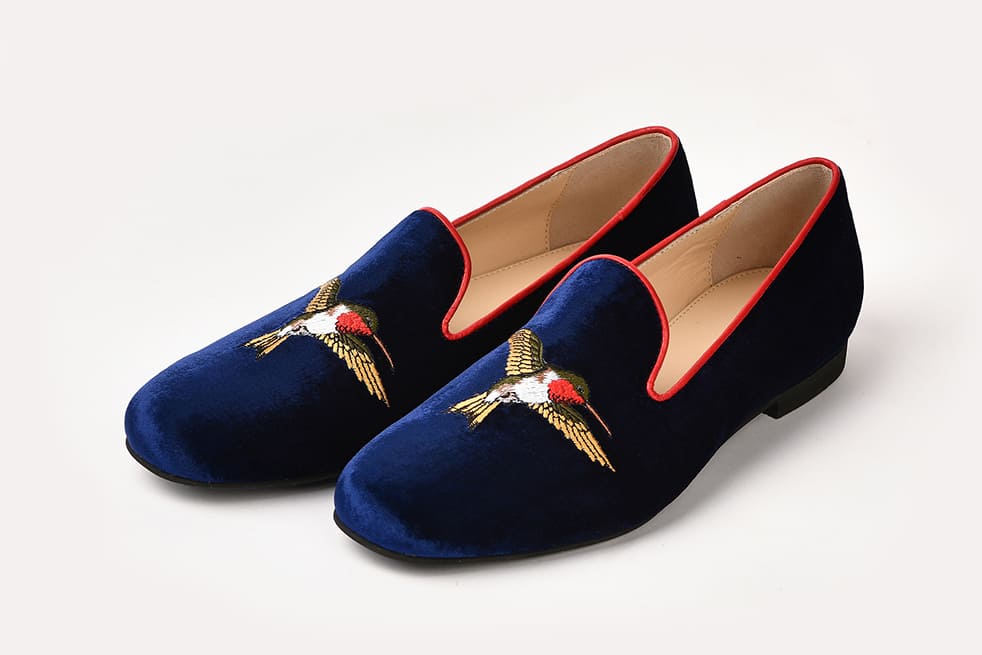 Слиперы женские из бархата синие "Летящие птицы"