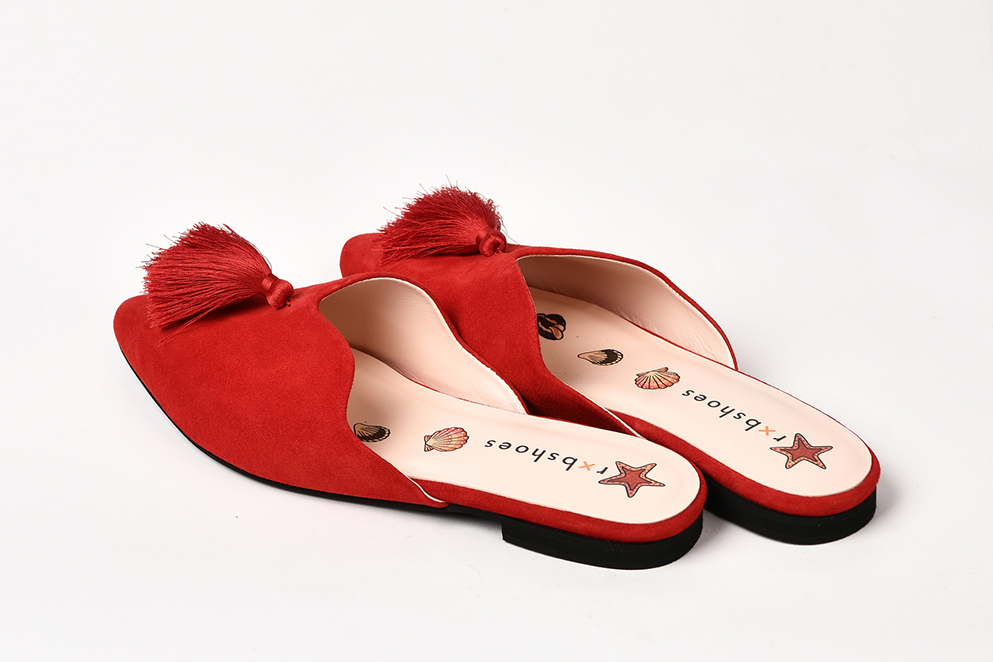 Мюли из замши красные с кисточками "Каскад"