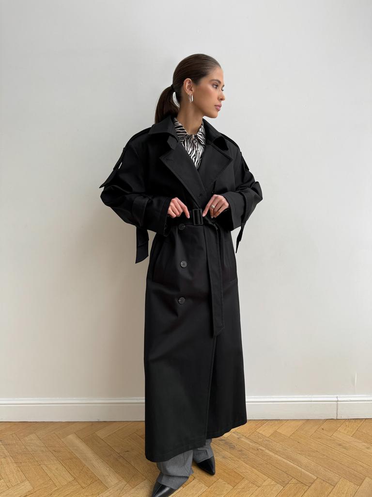 Тренч двубортный с поясом черного цвета
