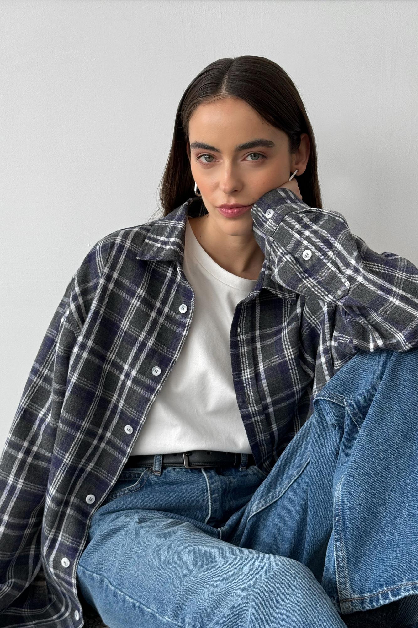 Рубашка мужского кроя в цвете серый/синий в клетку