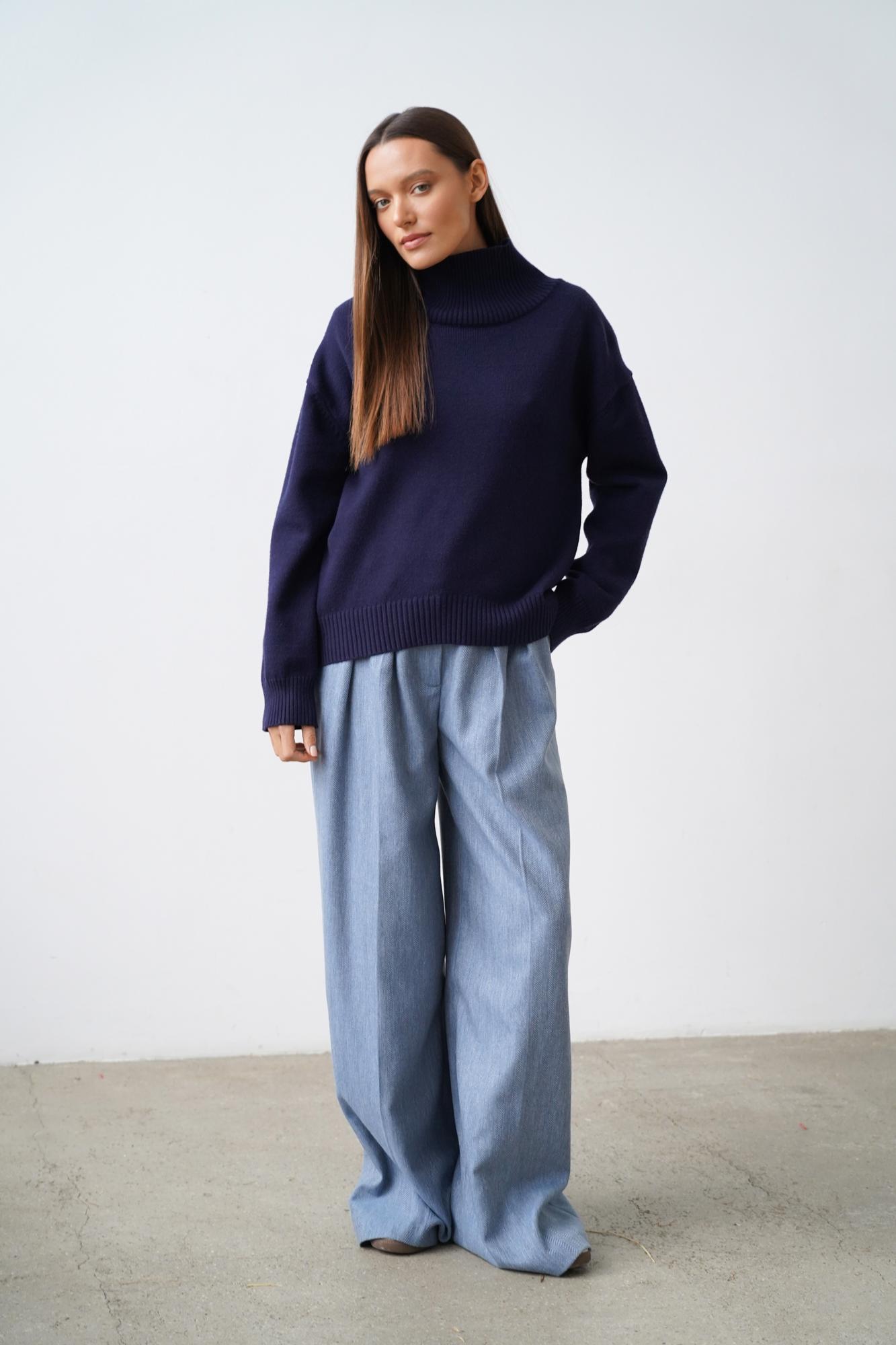 Брюки широкого кроя со складками из шерсти цвета голубой/серый в ёлочку