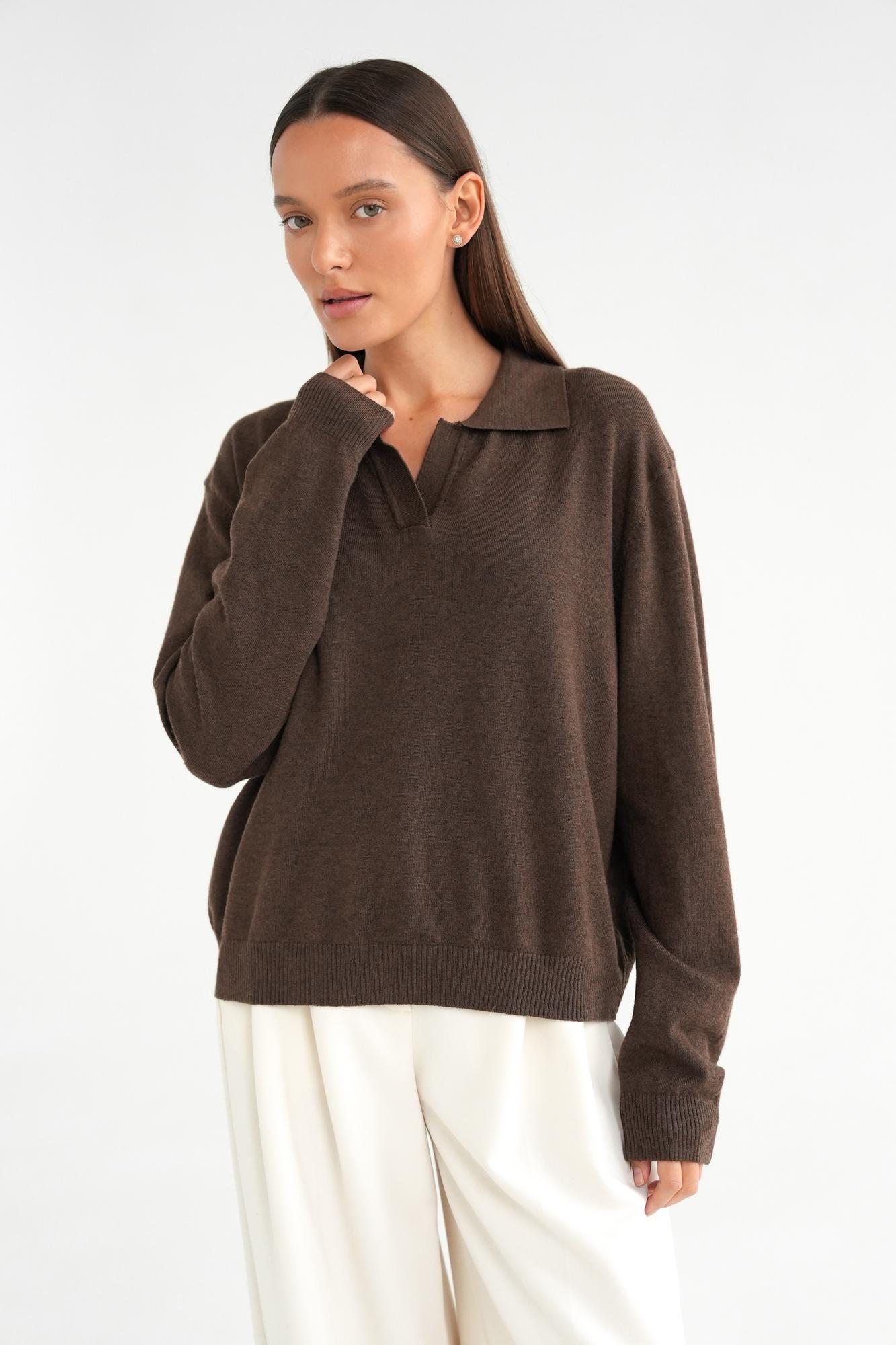 Джемпер поло мелкой вязки шоколадного цвета