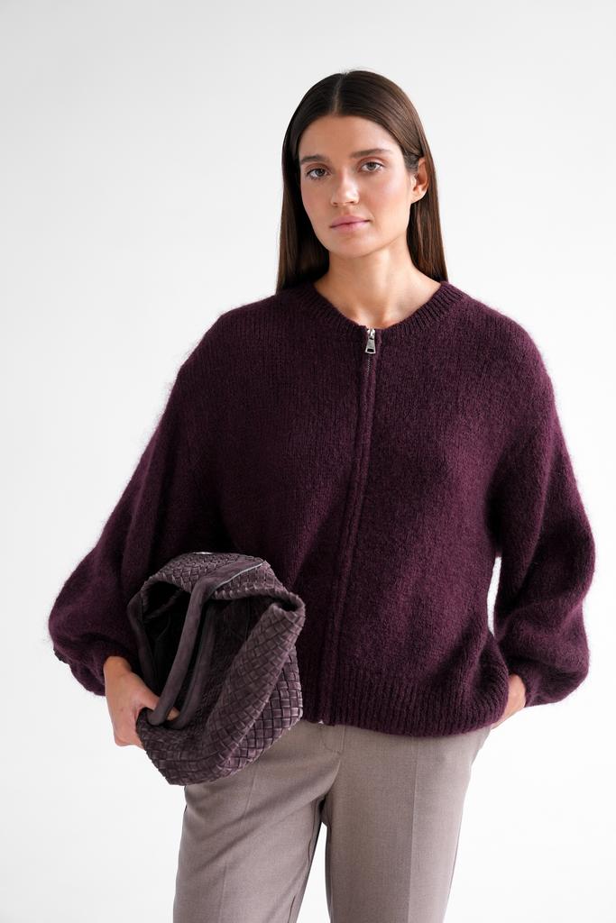 Кардиган крупной вязки из мохера на молнии цвета бургундия
