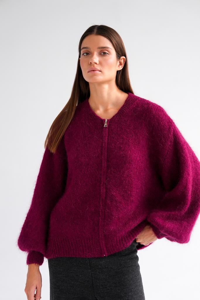 Кардиган крупной вязки из мохера на молнии бордового цвета