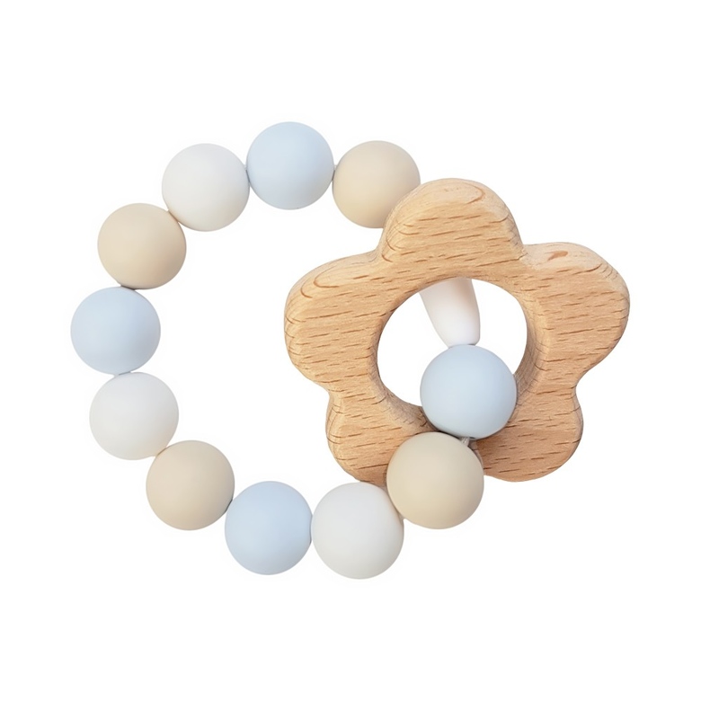 Браслет-прорезыватель с деревянным грызунком Цветочек / бежево-голубой