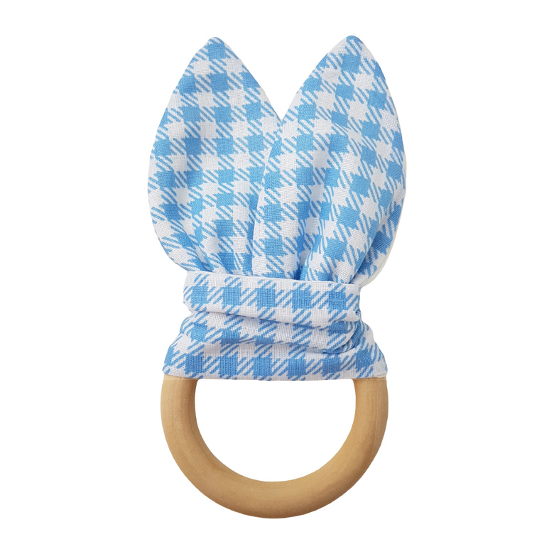 Прорезыватель "Ушки" на деревянном кольце / бело-голубой