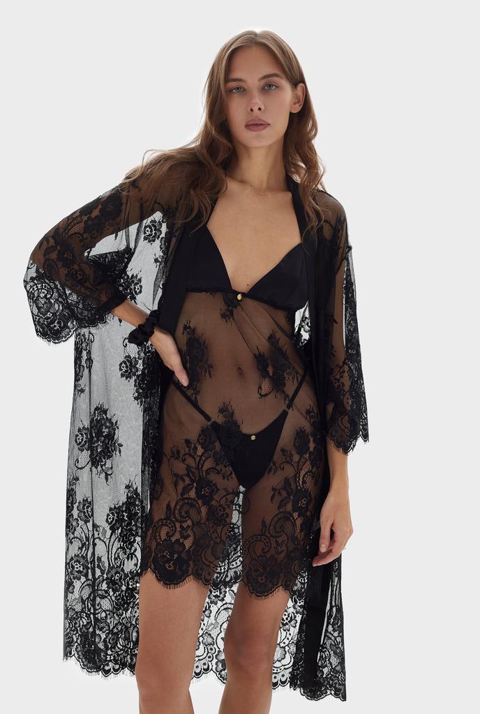Кружевной халат черный