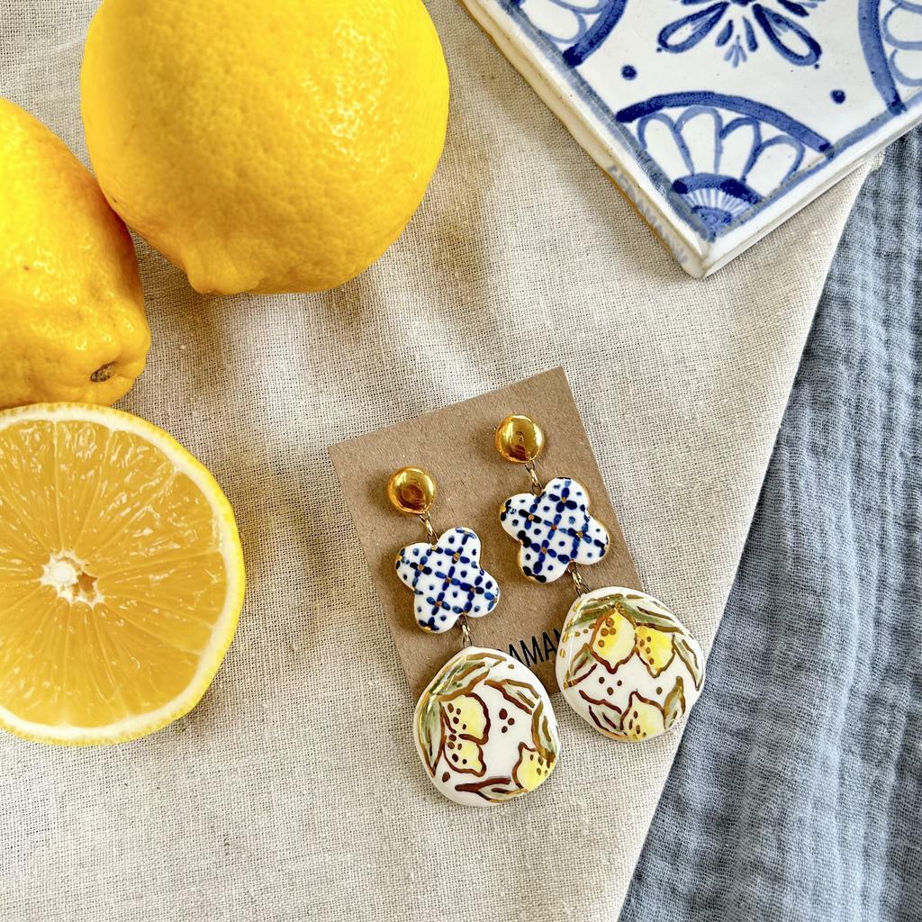 Серьги круг-клевер плитка в лимонном саду