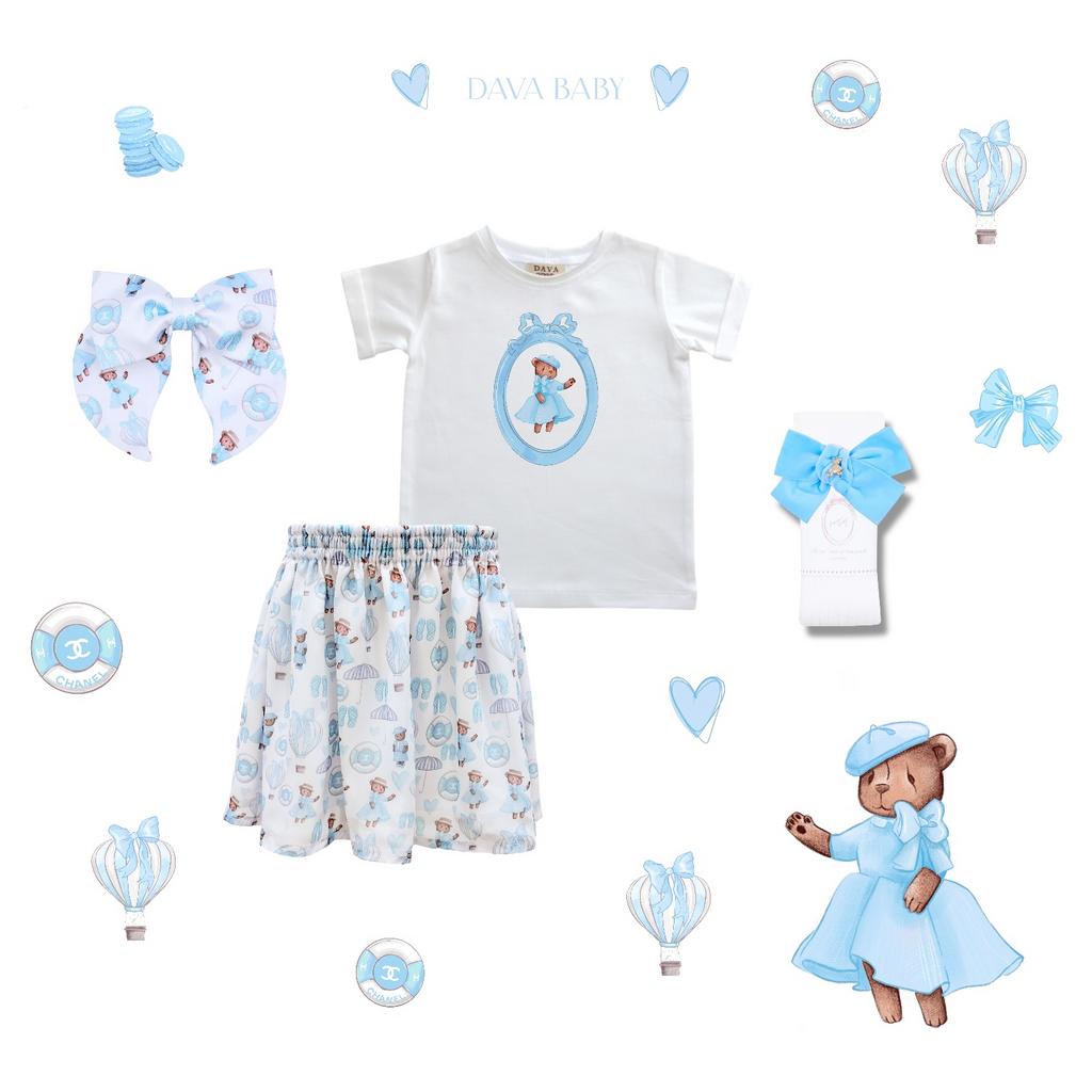 Комплект для девочки SUMMER LOVE BLUE (юбка+футболка+гольфы+бант на заколке)