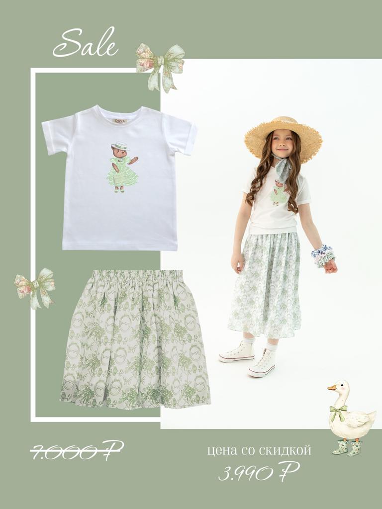 Комплект для девочки "CLASSIC VINTAGE" (юбка шифоновая  + футболка) цвет: фисташковый/белый