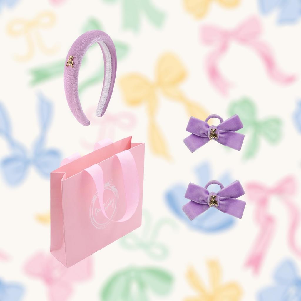 Бархатный ободок "Золотой мишка" + 2 резинки  "Золотой мишка" mini цвет: сиреневый