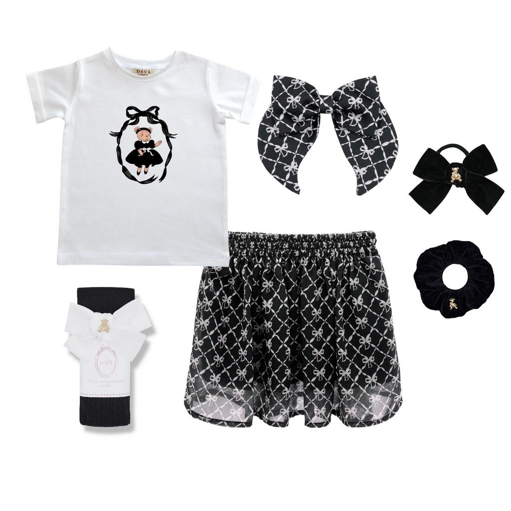 Комплект для девочки "COLOR DAVA  BLACK BONNY VINTAGE" (юбка шифоновая короткая ,футболка, гольфы, заколка-бант, 2 резинки)