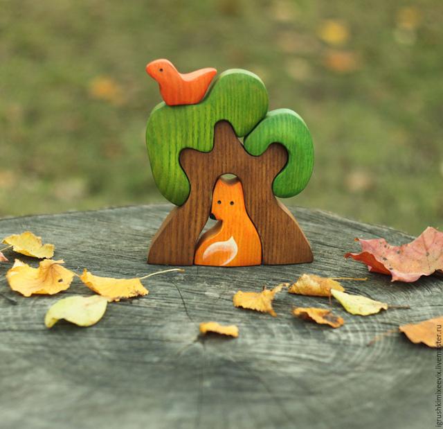 Дерево с лисой. Вальдорфская деревянная развивающая игрушка. Пазл