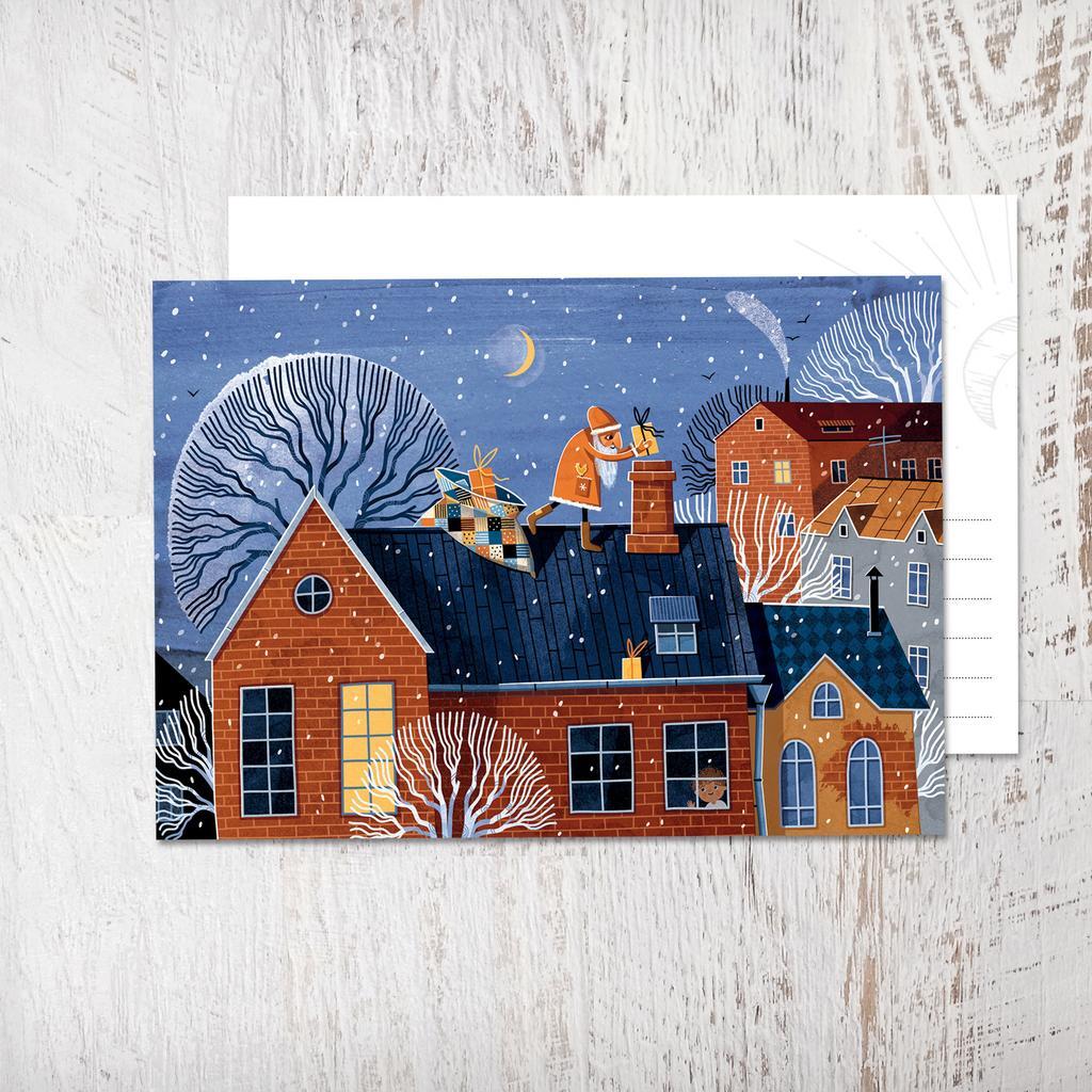 Открытка «Дед Мороз на крыше»