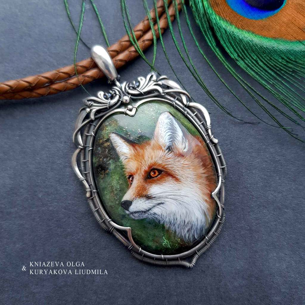 Портрет Лисы маслом. живопись на камне. ювелирная живопись в серебре Фото 2