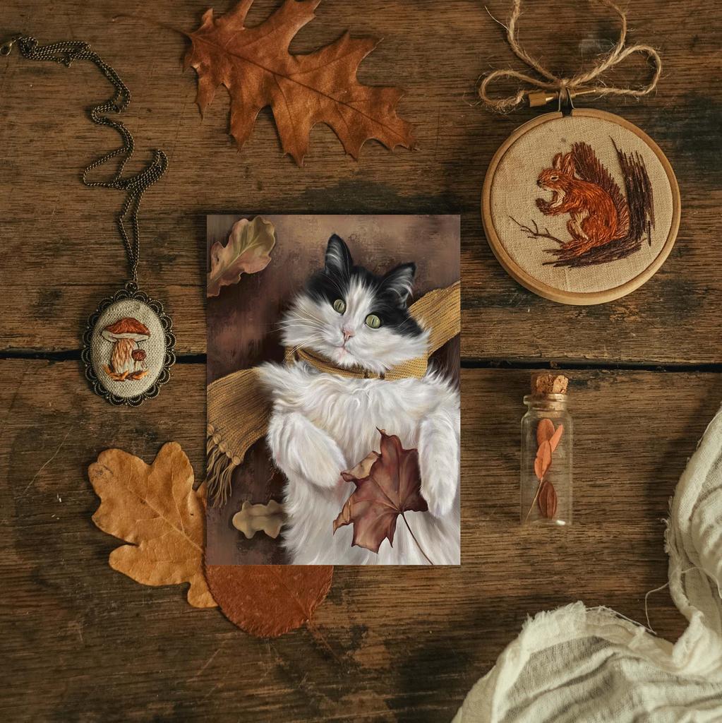 "Кот в осенней листве" почтовая открытка для посткроссинга
