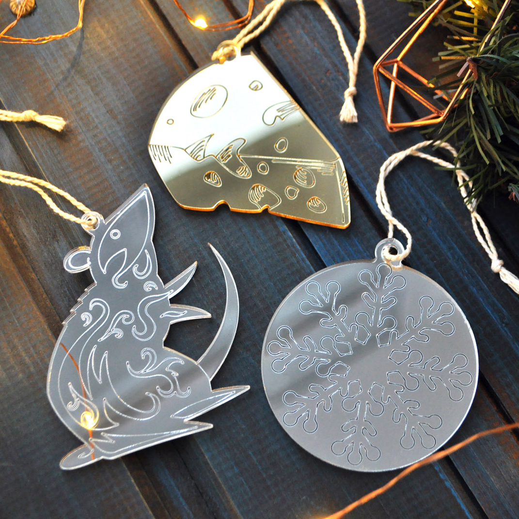 подарочный новогодний набор ёлочных игрушек из зеркального акрила в виде символа года 2020 крысы