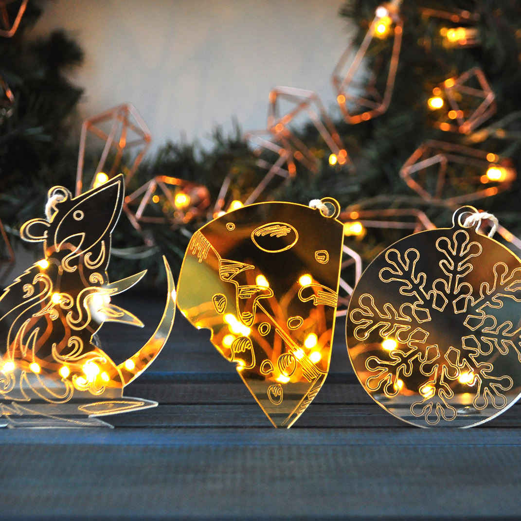 подарочный новогодний набор ёлочных игрушек из зеркального акрила в виде символа года 2020 крысы