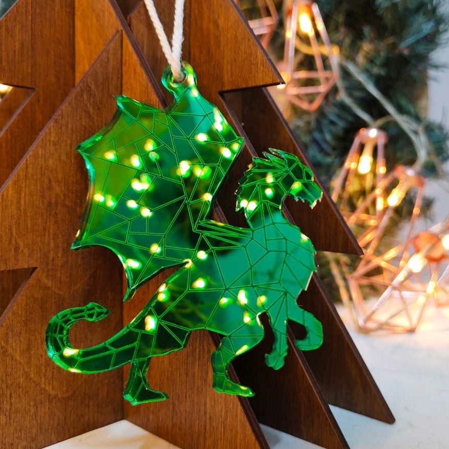 зелёный дракон символ года 2024 - зеркальная ёлочная игрушка в подарочной упаковке