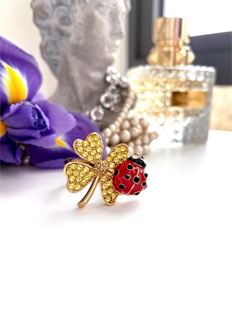 Кольцо клевер с божьей коровкой