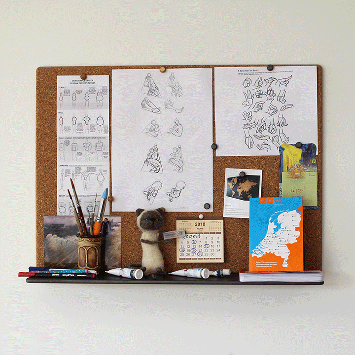 Прямоугольная пробковая доска без рамки с полочкой