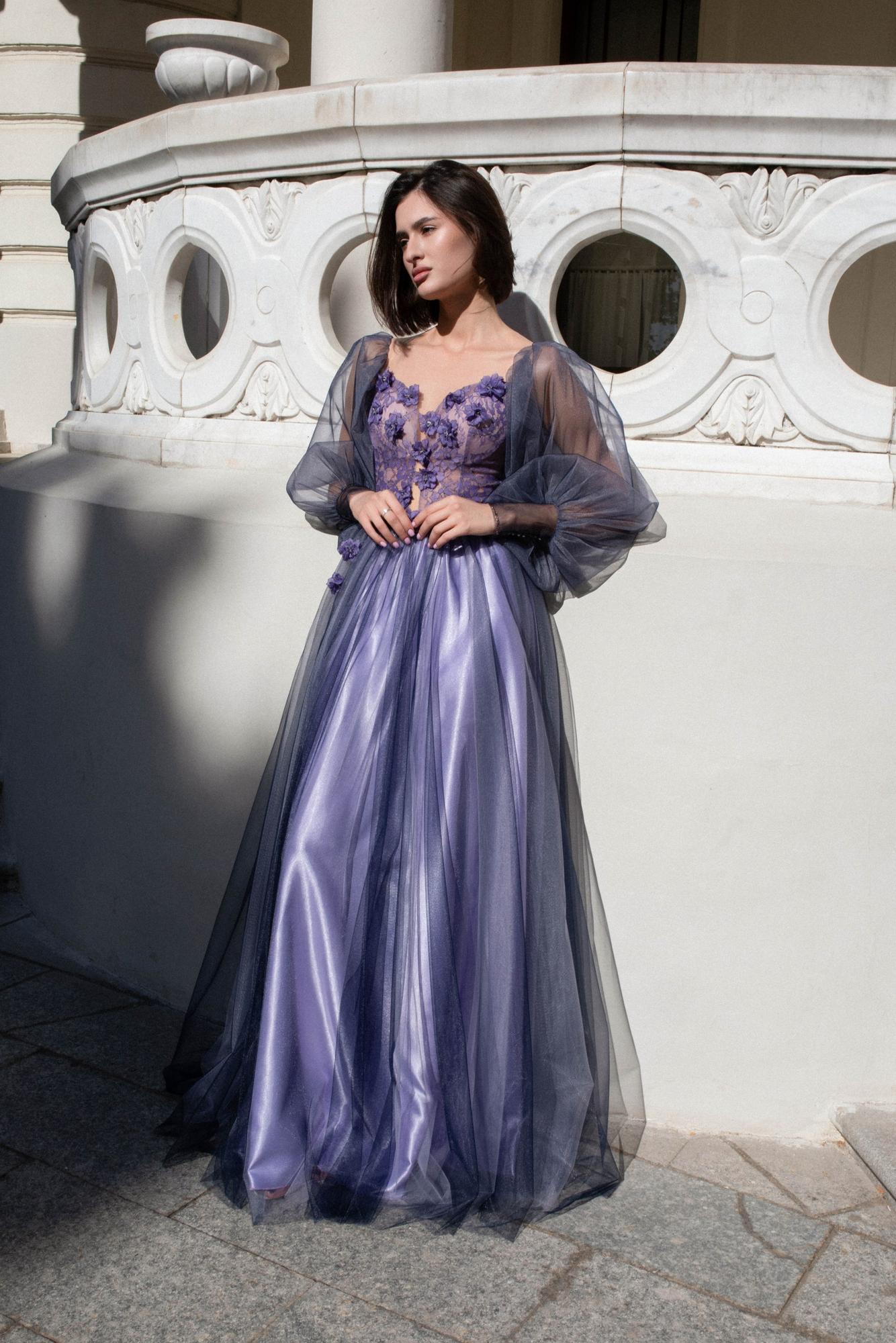 Коктейльное платье BONNIE  в фатине длинное сине-сиреневом