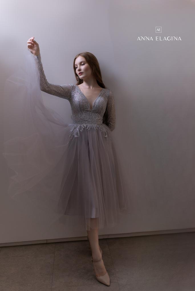 Длинное платье PEARL  с рукавом в фатине стальной серый