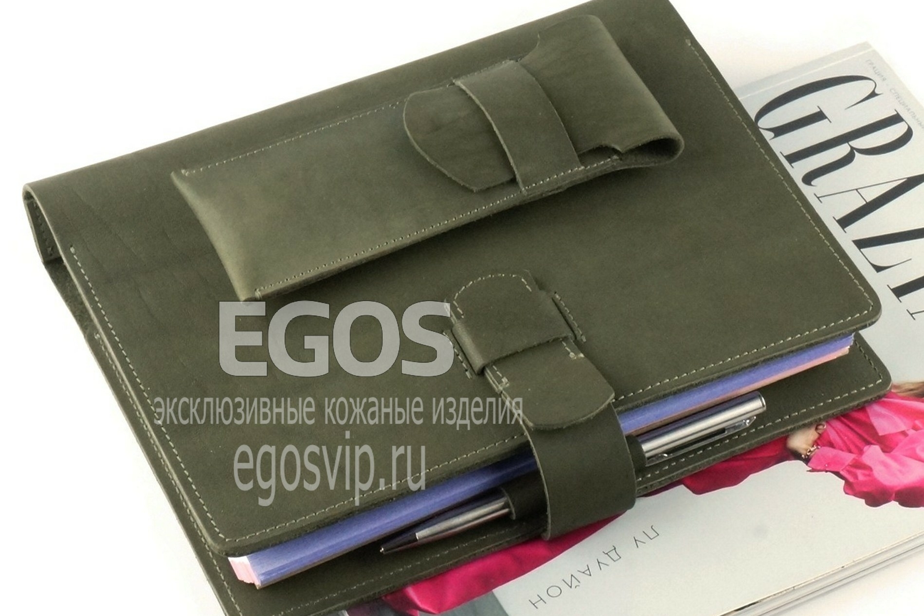 EGOS блокнот кожаный на кольцах зеленый