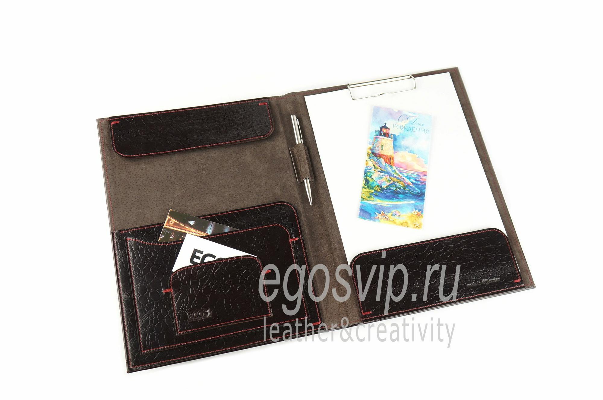 Кожаная папка с зажимом для бумаг, карманами и кармашками / модель 95 коричневые камни