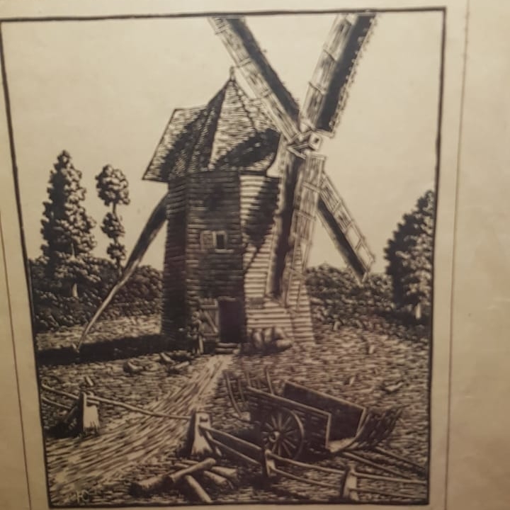 Гравюра "Мельница"  начало ХХ века Франция, 30х33
