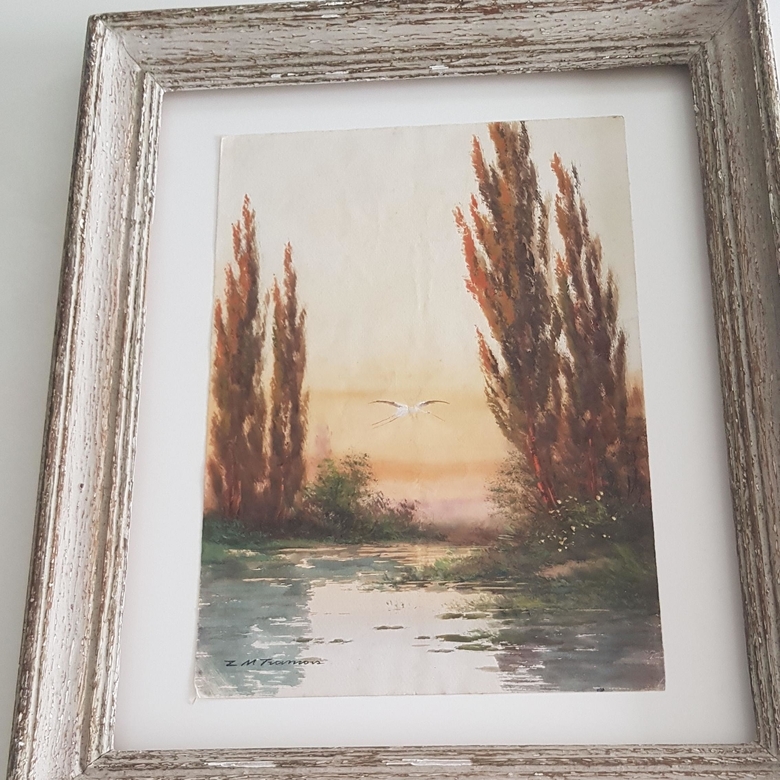 Картина, ХХ век, акварель "Аист" ZM François école française 1938, Франция, 37х46