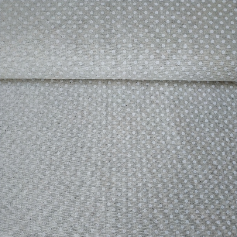 Ткань полулен мелкие белые горохи на льняном фоне