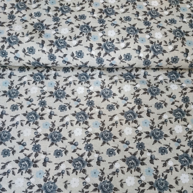 Ткань полулен "Серо-голубые цветочки" на льняном фоне