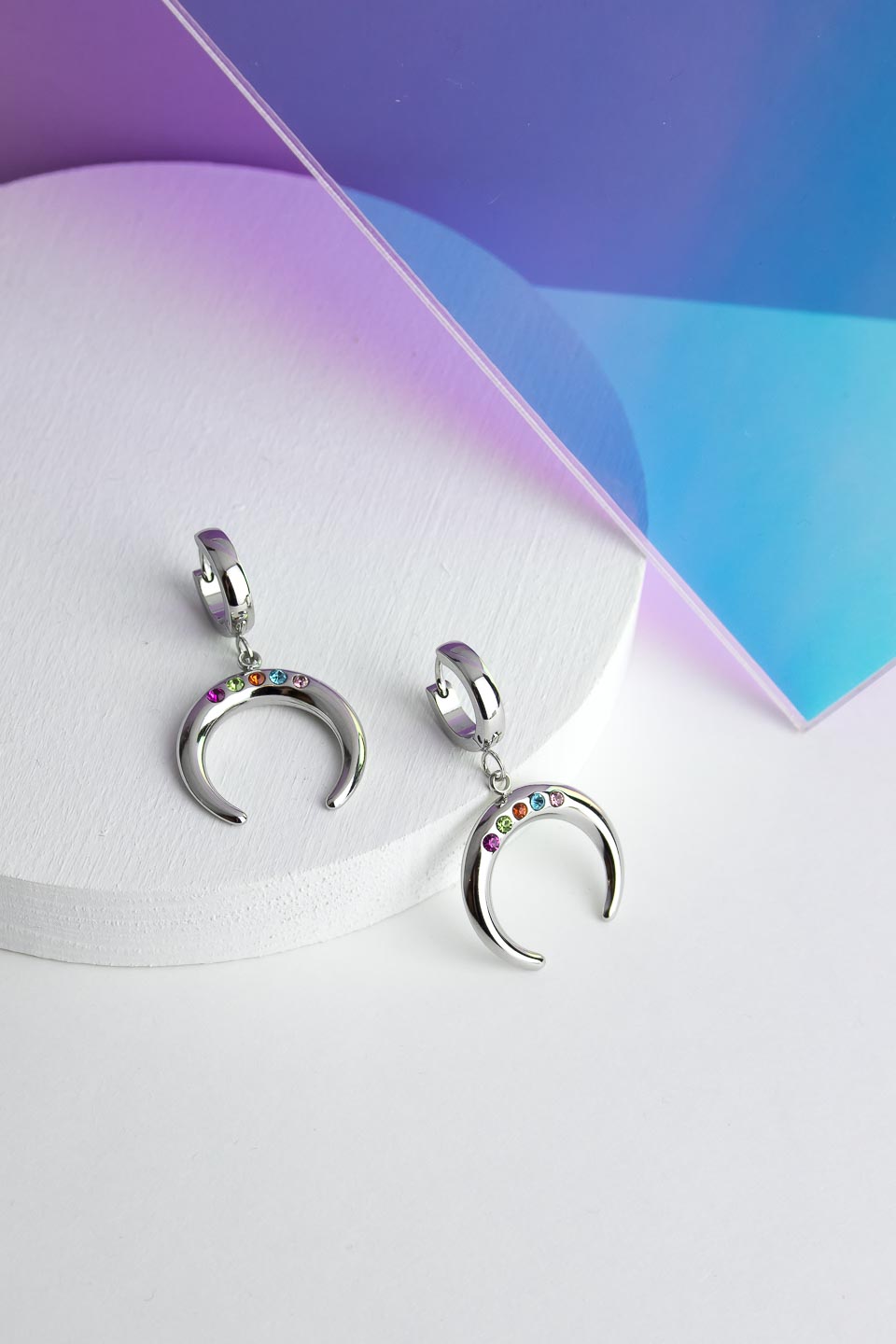 Серьги ELINICE серебристые лунница с цветными кристаллами