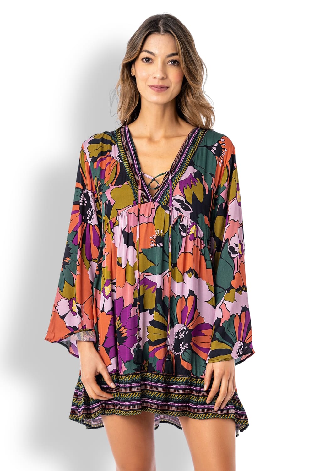 Короткая пляжная туника с длинным рукавом Maaji Retro Floral Logan PT2162CTU001