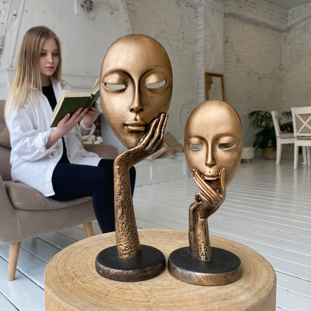 Декор для дома набор из 2х статуэток маски "Light face" из искусственногок камня с подставкой из дерева в цвете Бронза