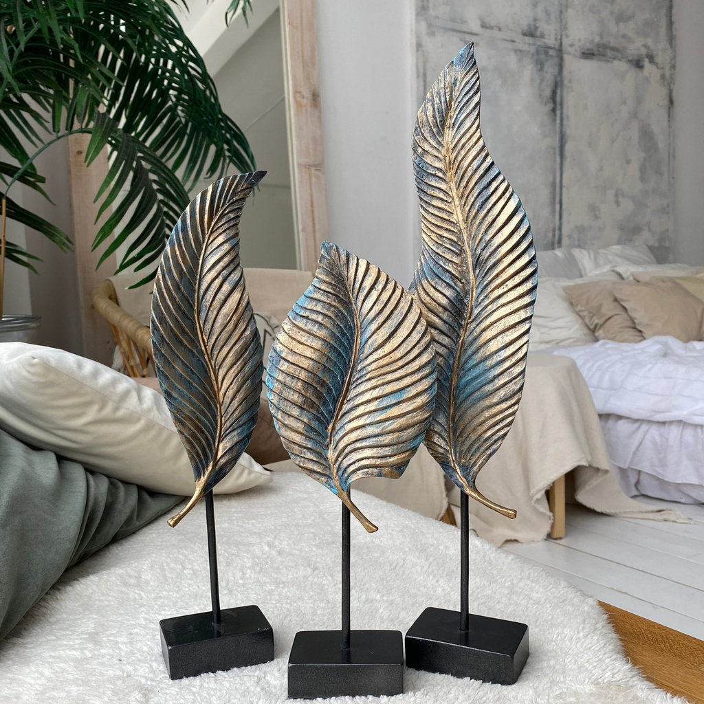 Декор для дома набор из 3х статуэток листья "Leaves" из искусственного камня цвет Аквамарин