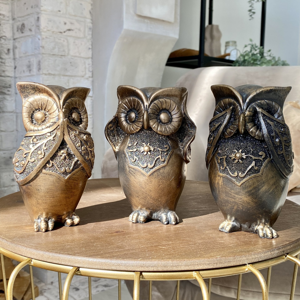 Декор для дома набор из 3х статуэток совы "Owls" из искусственного камня в цвете Бронза