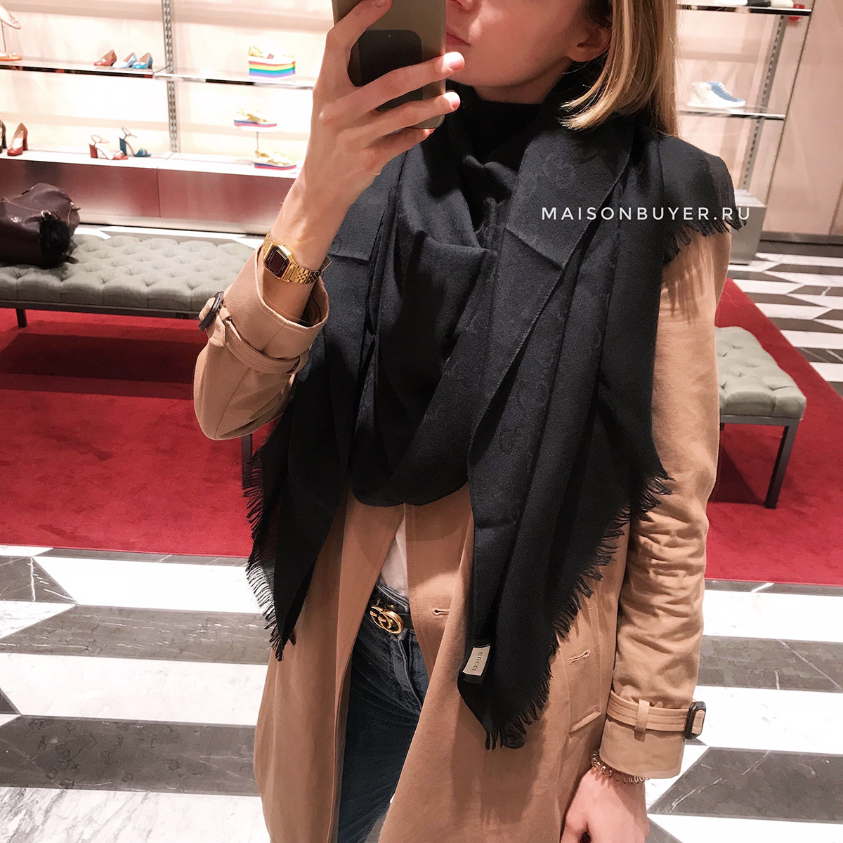 шаль Gucci шерсть с шелком 70 x 200 black / черный SH70x200.03