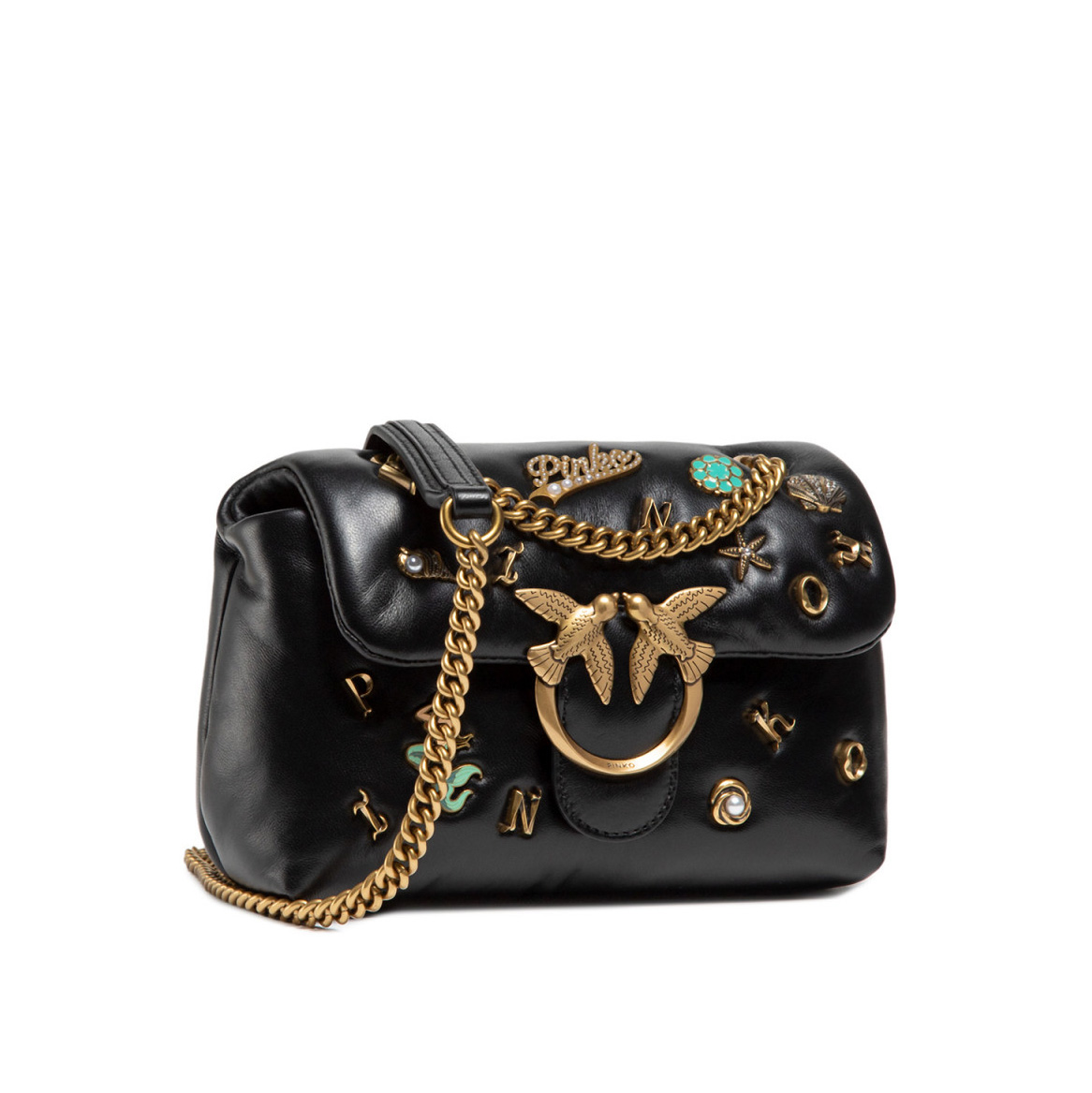 сумка PINKO LOVE MINI PUFF SUMMER PINS MARE SS’21 цвет NERO LIMOUSINE / BLACK ANTIQUE GOLD / черный HBPUFF32S